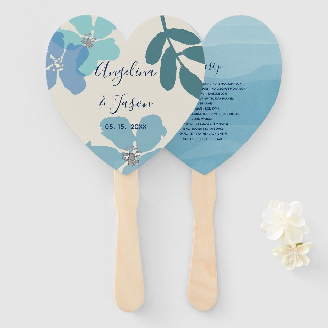 Floral Dusty Blue Wedding Program Hand Fan (Front and Back)