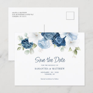 Floral Dusty Blue Wedding Save the Date Postcard