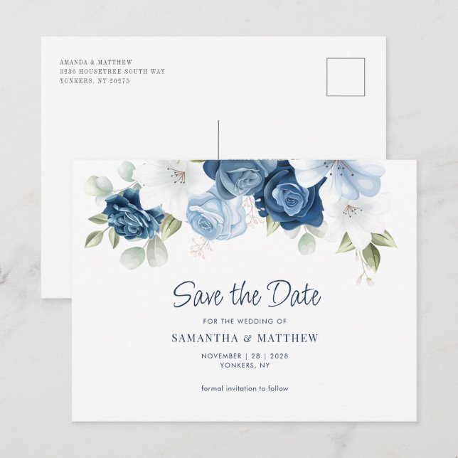 Floral Dusty Blue Wedding Save the Date Postcard (Front/Back)