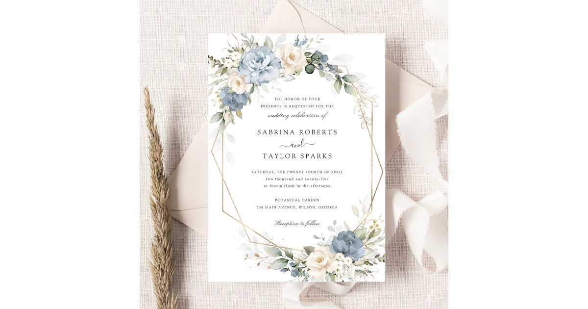 Floral Dusty Blue White Greenery Gold Wedding Invitation | Zazzle
