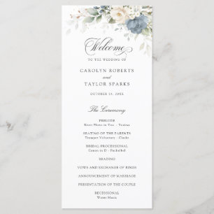 Floral Dusty Blue White Greenery Wedding Program Programme