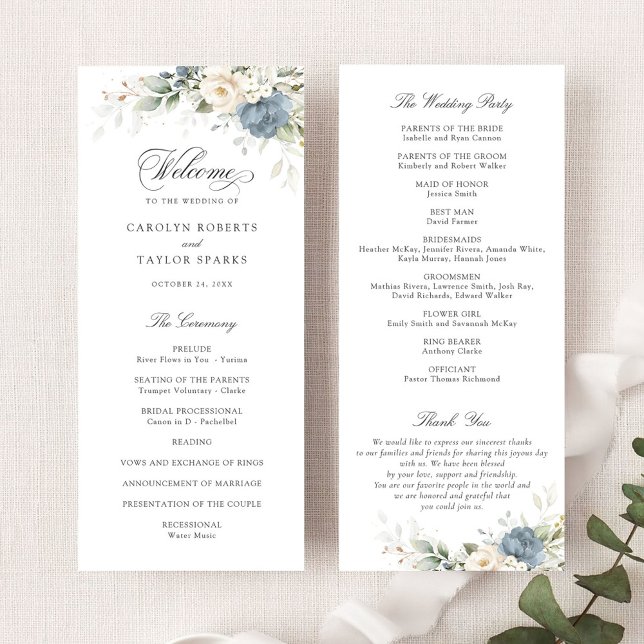 Floral Dusty Blue White Greenery Wedding Program Programme (Creator Uploaded)