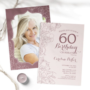Floral Dusty Pink Photo 60th Birthday Party Invitation