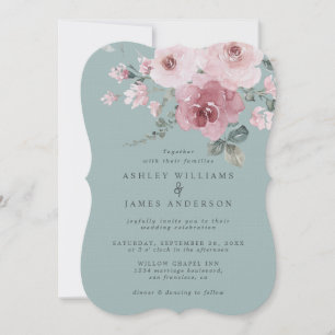 Floral Dusty Pink Rose Blue Haze Wedding Invitation