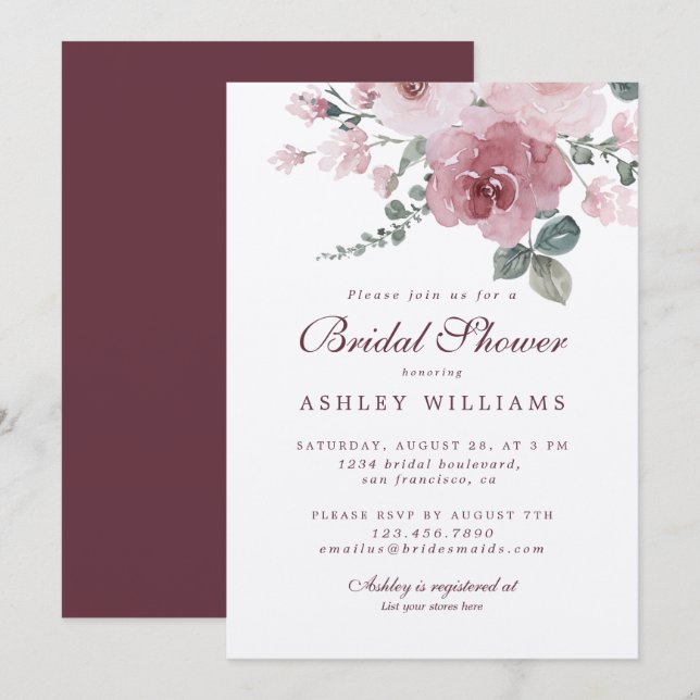 Floral Dusty Pink Rose Burgundy Bridal Shower Invitation (Front/Back)