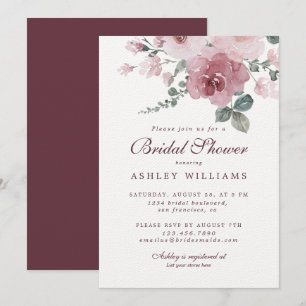 Floral Dusty Pink Rose Burgundy Bridal Shower Invitation
