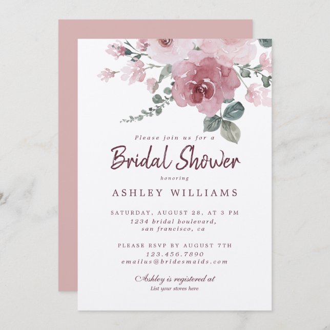 Floral Dusty Pink Rose Burgundy Bridal Shower Invitation (Front/Back)