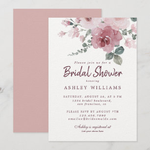 Floral Dusty Pink Rose Burgundy Bridal Shower Invitation