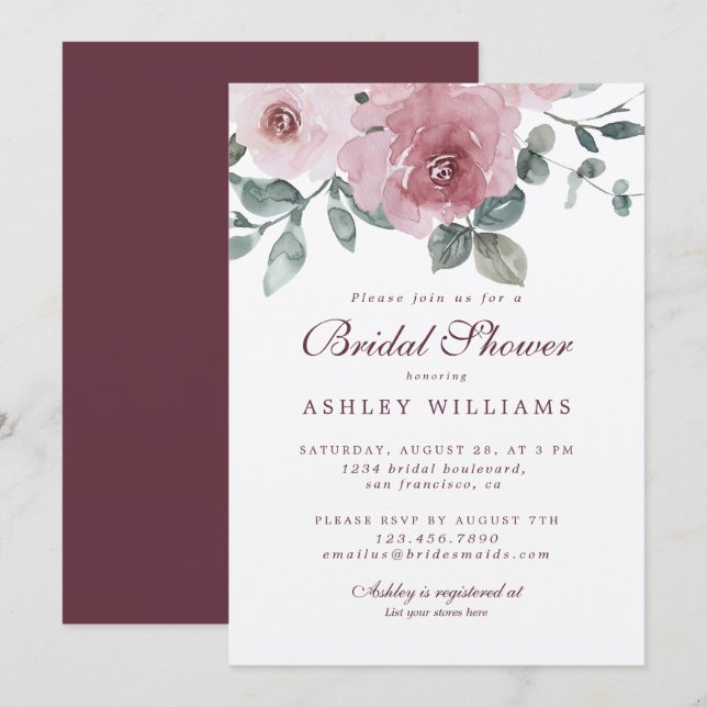 Floral Dusty Pink Rose Burgundy Bridal Shower Invitation (Front/Back)