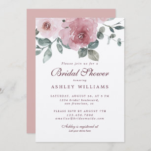 Floral Dusty Pink Rose Burgundy Bridal Shower Invitation