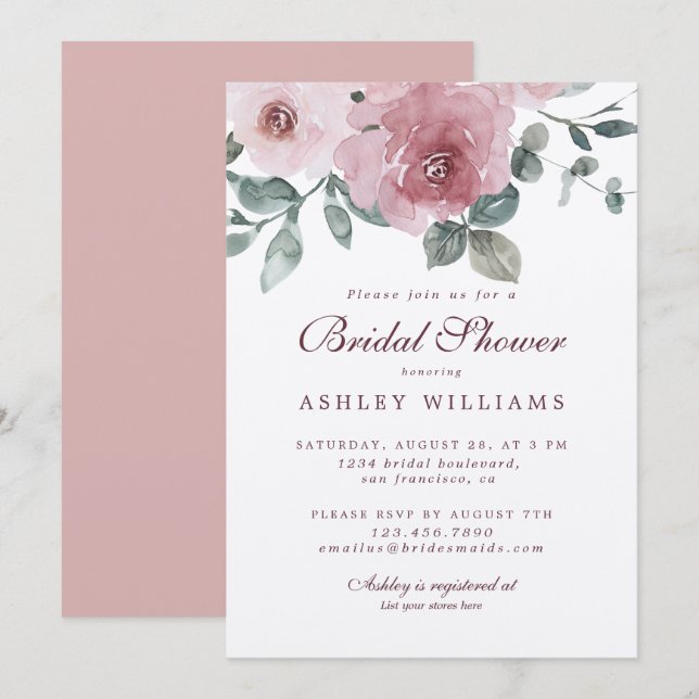 Floral Dusty Pink Rose Burgundy Bridal Shower Invitation (Front/Back)