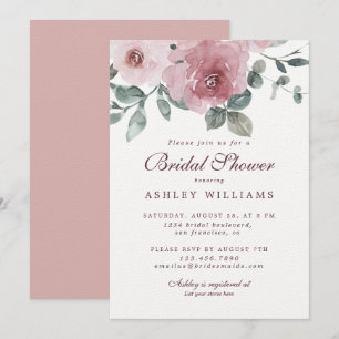 Floral Dusty Pink Rose Burgundy Bridal Shower Invitation