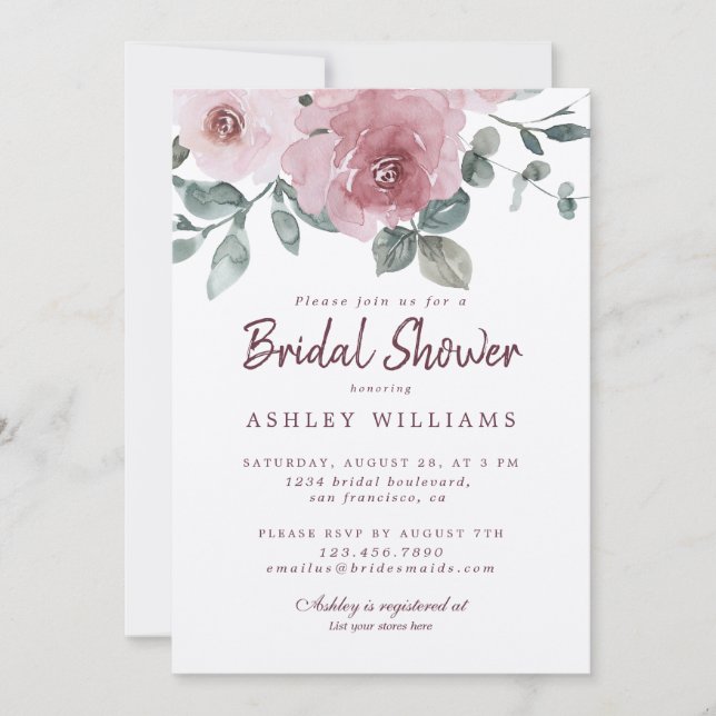 Floral Dusty Pink Rose Burgundy Bridal Shower Invitation (Front)