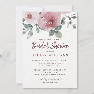 Floral Dusty Pink Rose Burgundy Bridal Shower Invitation