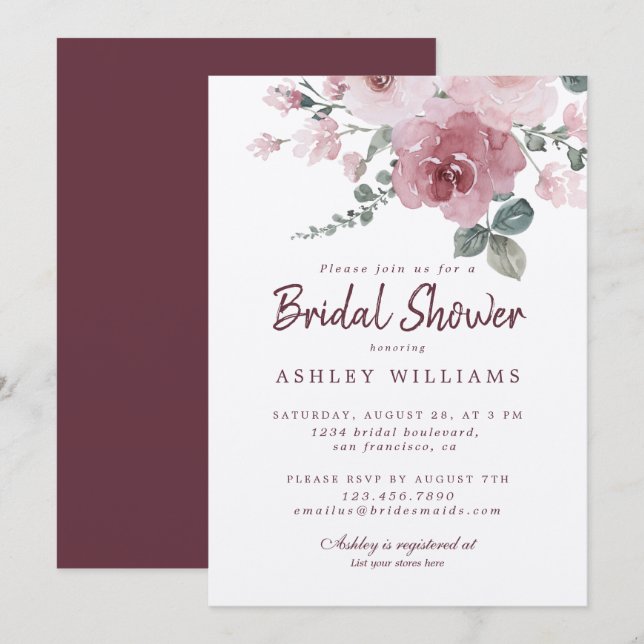 Floral Dusty Pink Rose Burgundy Bridal Shower Invitation (Front/Back)