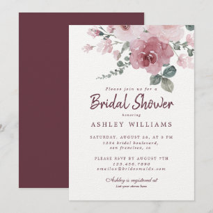 Floral Dusty Pink Rose Burgundy Bridal Shower Invitation