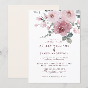 Floral Dusty Pink Rose Burgundy Ivory Wedding Invitation