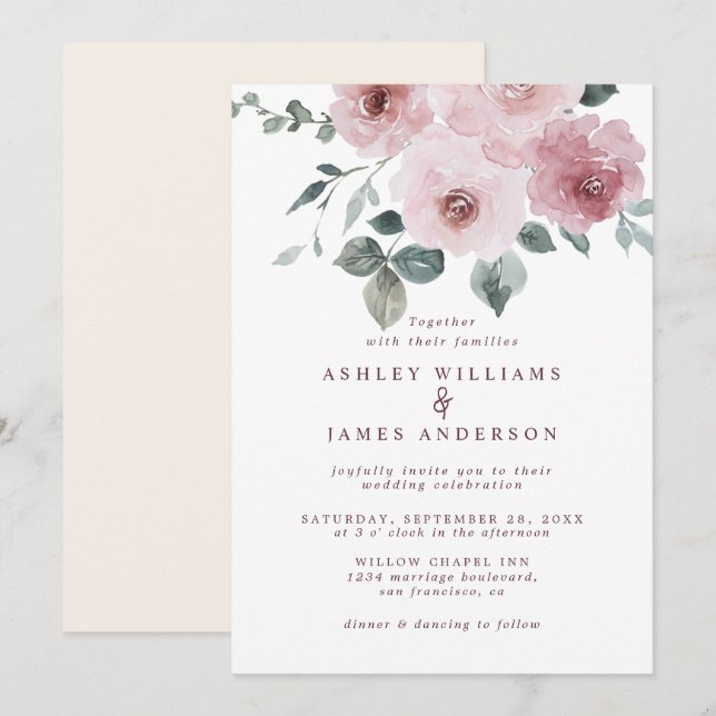 Floral Dusty Pink Rose Burgundy Ivory Wedding Invitation (Front/Back)