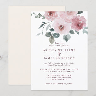 Floral Dusty Pink Rose Burgundy Ivory Wedding Invitation