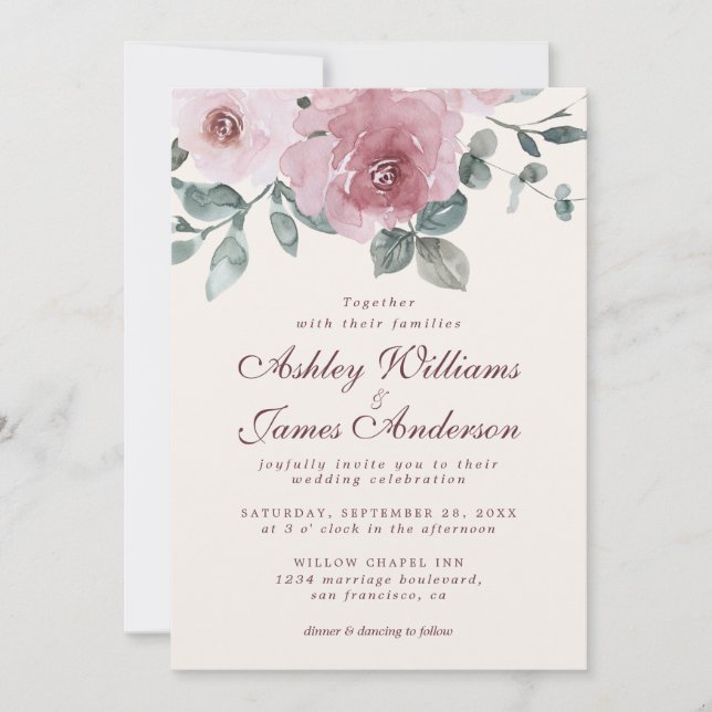 Floral Dusty Pink Rose Burgundy Ivory Wedding Invitation (Front)