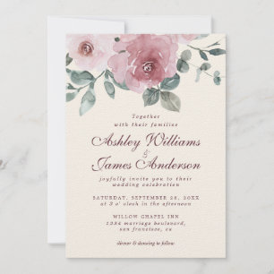 Floral Dusty Pink Rose Burgundy Ivory Wedding Invitation