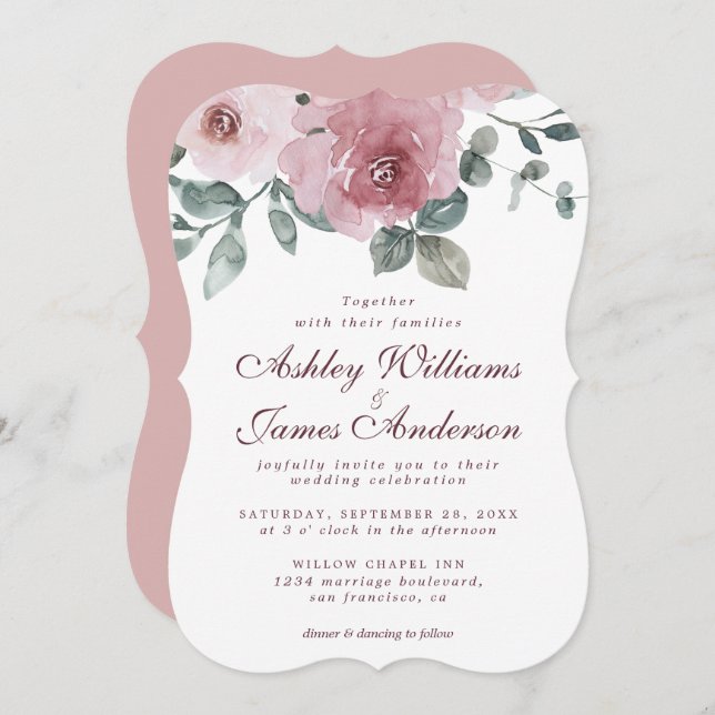 Floral Dusty Pink Rose Burgundy Wedding Invitation (Front/Back)
