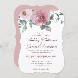 Floral Dusty Pink Rose Burgundy Wedding Invitation