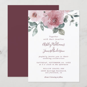 Floral Dusty Pink Rose Burgundy Wedding Invitation