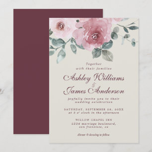 Floral Dusty Pink Rose Burgundy Wedding Invitation