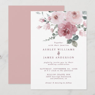 Floral Dusty Pink Rose Burgundy Wedding Invitation