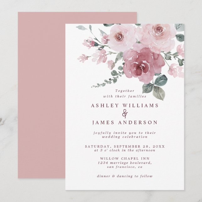 Floral Dusty Pink Rose Burgundy Wedding Invitation (Front/Back)