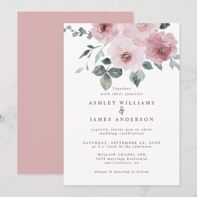 Floral Dusty Pink Rose Burgundy Wedding Invitation (Front/Back)