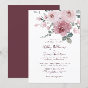 Floral Dusty Pink Rose Burgundy Wedding Invitation