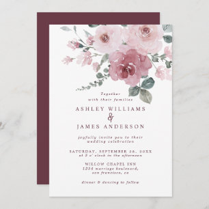 Floral Dusty Pink Rose Burgundy Wedding Invitation