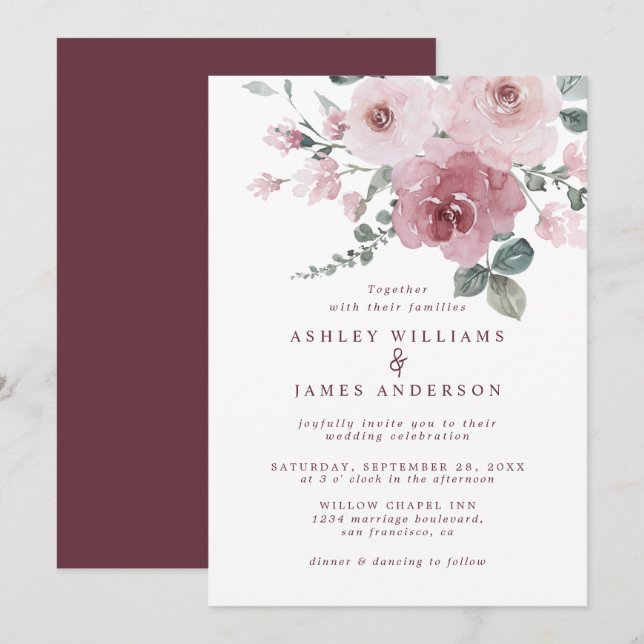 Floral Dusty Pink Rose Burgundy Wedding Invitation (Front/Back)
