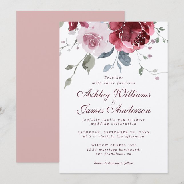 Floral Dusty Pink Rose Burgundy Wedding Invitation (Front/Back)