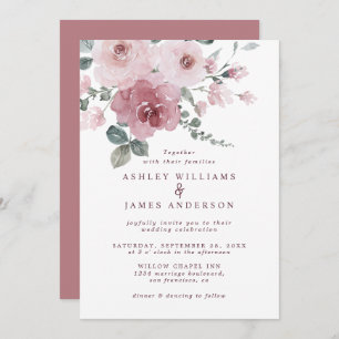 Floral Dusty Pink Rose Burgundy Wedding Invitation