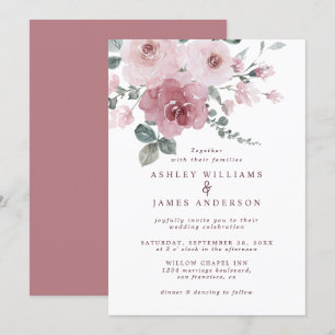 Floral Dusty Pink Rose Burgundy Wedding Invitation