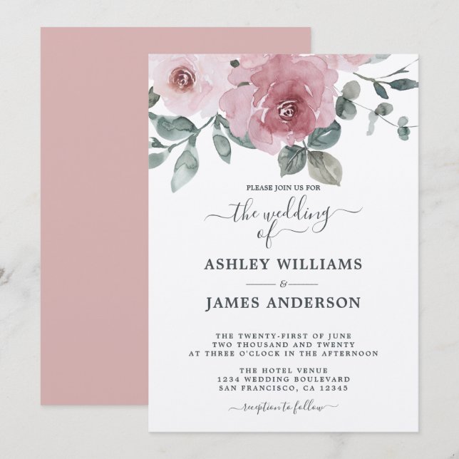 Floral Dusty Pink Rose Burgundy Wedding Invitation (Front/Back)