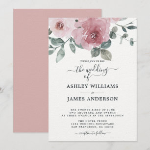 Floral Dusty Pink Rose Burgundy Wedding Invitation