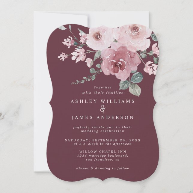 Floral Dusty Pink Rose Burgundy Wedding Invitation (Front)