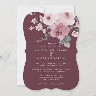 Floral Dusty Pink Rose Burgundy Wedding Invitation