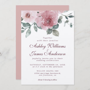 Floral Dusty Pink Rose Burgundy Wedding Invitation