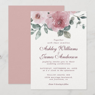 Floral Dusty Pink Rose Burgundy Wedding Invitation