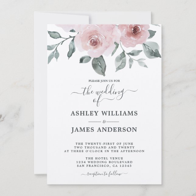 Floral Dusty Pink Rose Burgundy Wedding Invitation (Front)