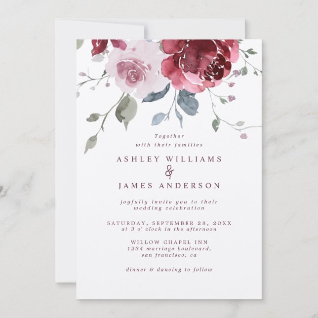 Floral Dusty Pink Rose Burgundy Wedding Invitation (Front)