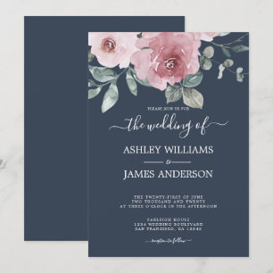 Floral Dusty Pink Rose Dark Blue Wedding Invitation