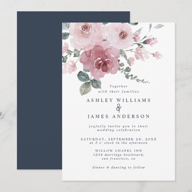 Floral Dusty Pink Rose Dark Blue Wedding Invitation (Front/Back)