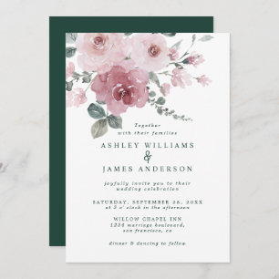 Floral Dusty Pink Rose Dark Green Wedding Invitation
