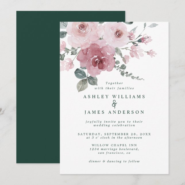 Floral Dusty Pink Rose Dark Green Wedding Invitation (Front/Back)